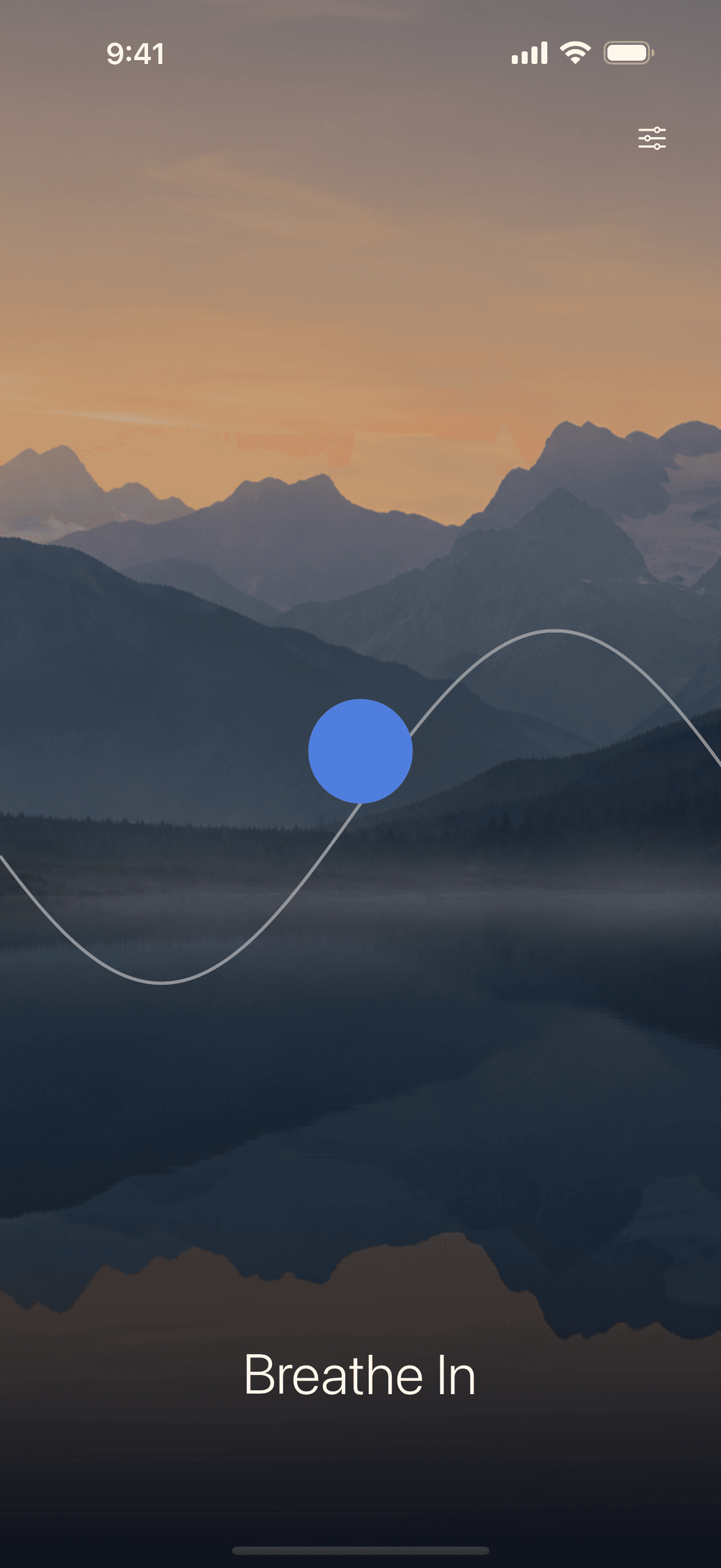 Breathe on iPhone, showing Breathe In over Alpine Dawn with no breathing count